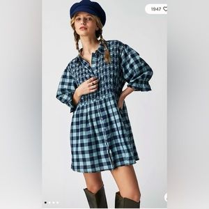 Free People Charlotte Blue Plaid Babydoll Tunic Dress XS
